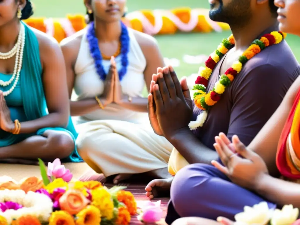 Grupo en círculo practicando Bhakti Yoga en la tradición hindú, unidos en oración con expresiones serenas y atuendos tradicionales, creando un ambiente de paz y devoción