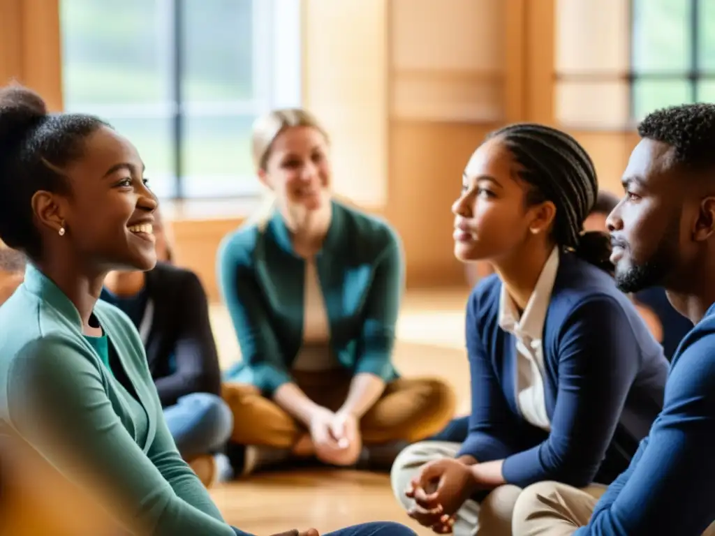 Grupo en círculo, estudiantes y profesores conversan con empatía y altruismo en Boddhisattva