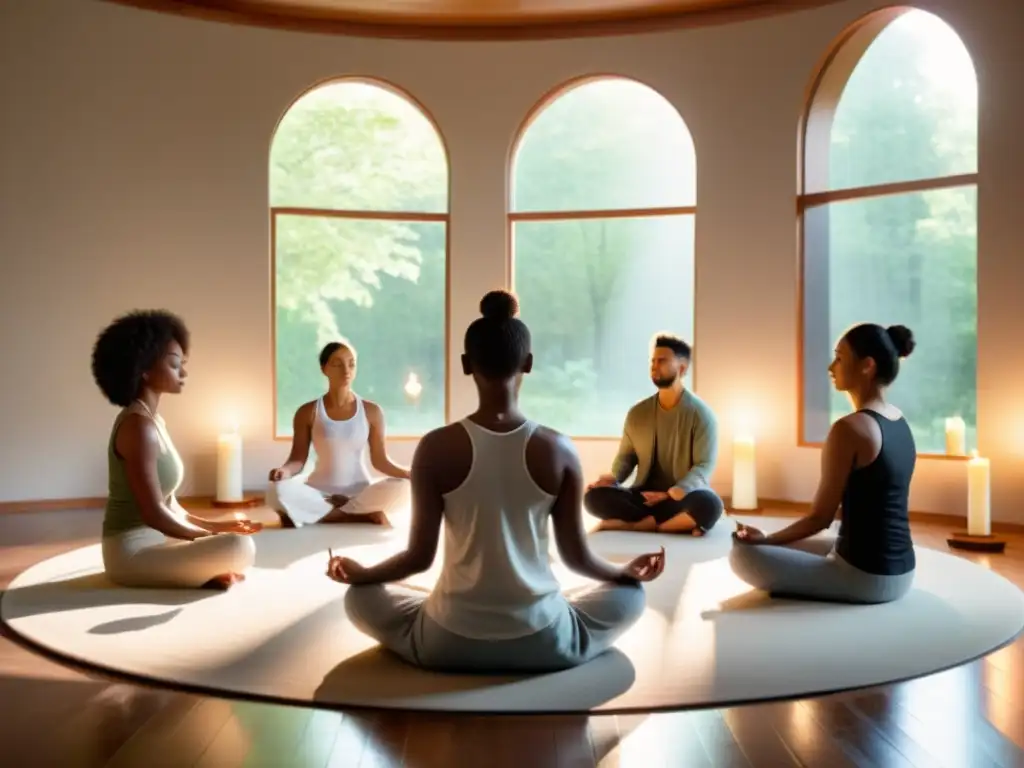 Grupo meditando en círculo con serenidad y atención plena en arte budista