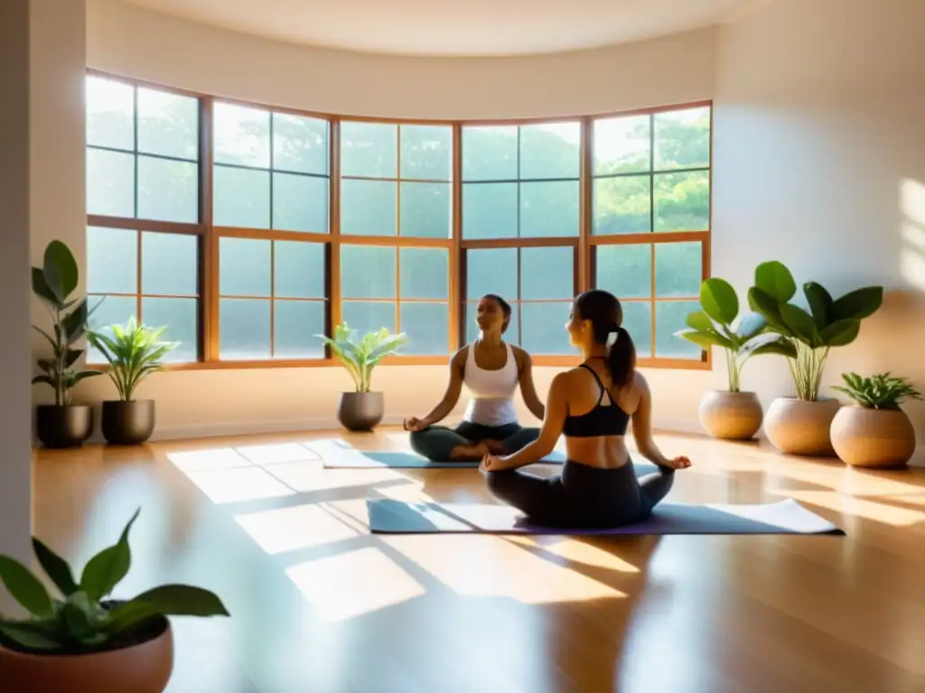 Grupo en círculo practicando yoga para la ansiedad en un estudio sereno con luz natural y decoración tranquila