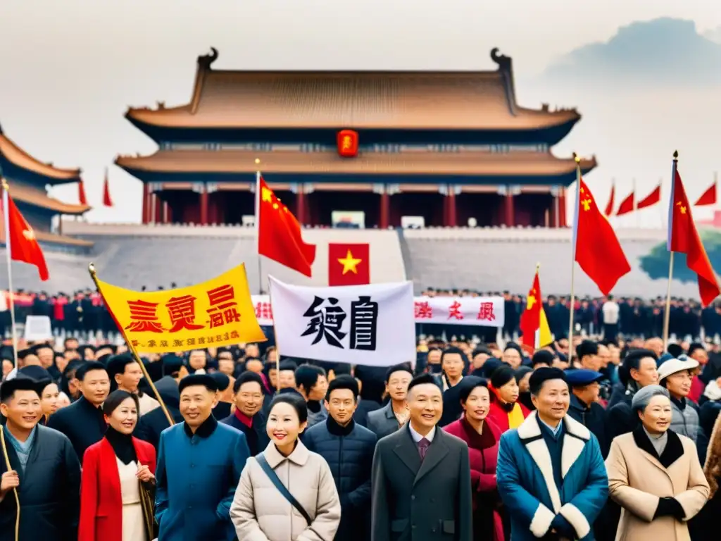 Grupo de ciudadanos chinos en plaza, entre arquitectura antigua y moderna, mostrando la transición de Dinastías a República China