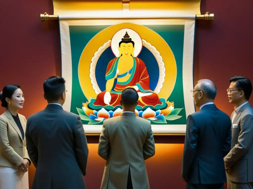 Connoisseurs en acción: Examen detallado de una rara pintura tibetana Un grupo de coleccionistas de arte examina detalladamente una pintura tibetana, iluminada suavemente, demostrando la inversión en arte tibetano