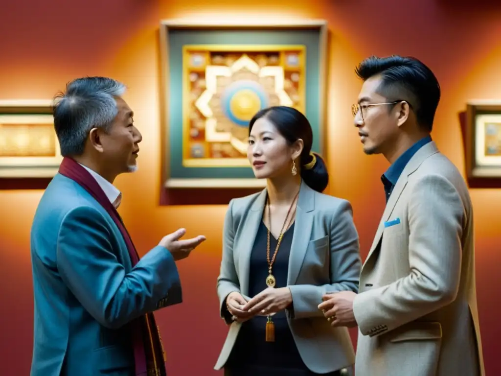 Exclusiva reunión de coleccionistas de arte en galería elegante Un grupo de coleccionistas e inversores de arte tibetano examina una pieza única en una elegante galería