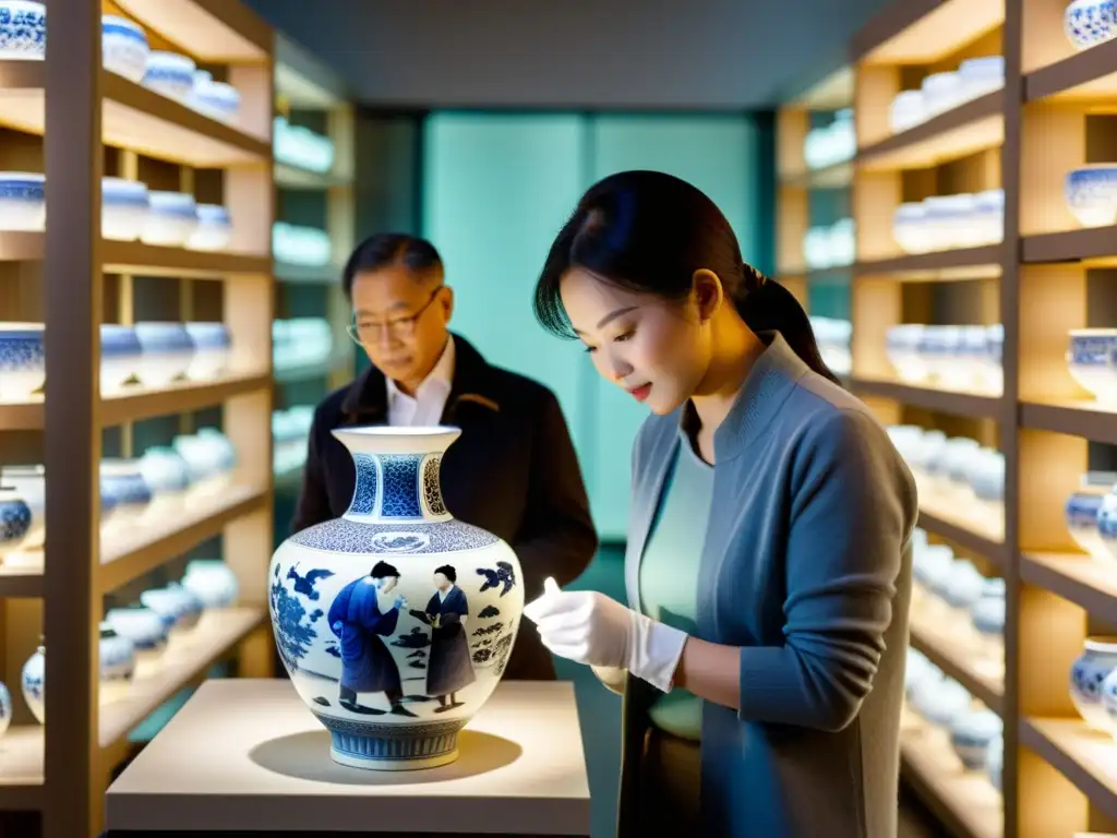 Un grupo de coleccionistas preservan el legado artístico de Asia, examinando con cuidado un raro jarrón chino iluminado por una suave luz, rodeados de valiosos artefactos