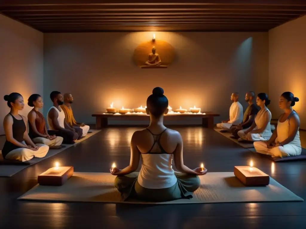 Grupo concentrado practica la técnica milenaria meditación Vipassana en tranquilo salón iluminado por velas y fragante incienso