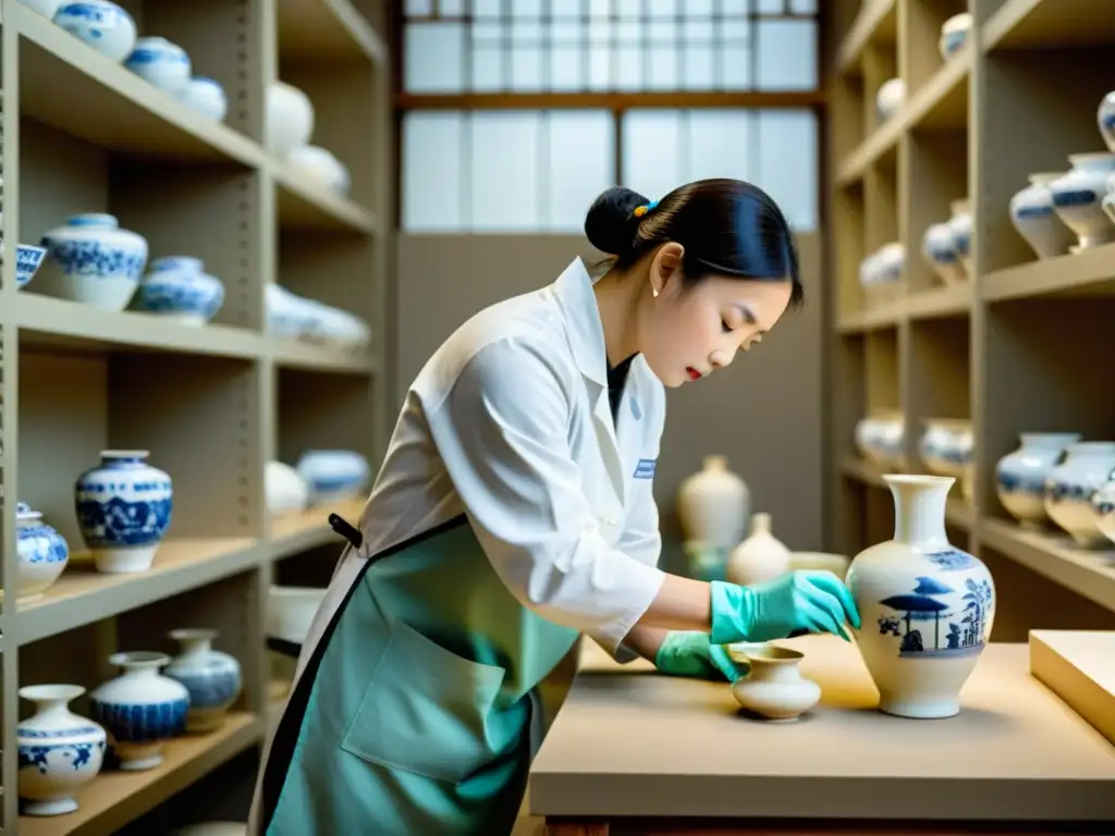 Un grupo de conservadores restaura con cuidado un antiguo jarrón de porcelana china en un laboratorio de conservación