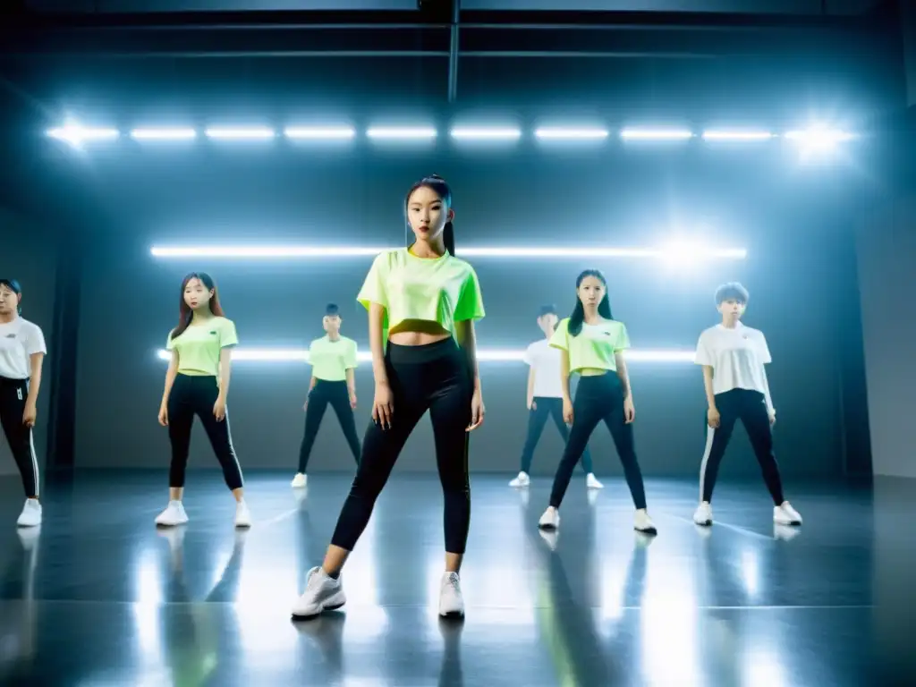 Grupo de trainees de KPop practicando coreografías en un estudio iluminado por luces fluorescentes