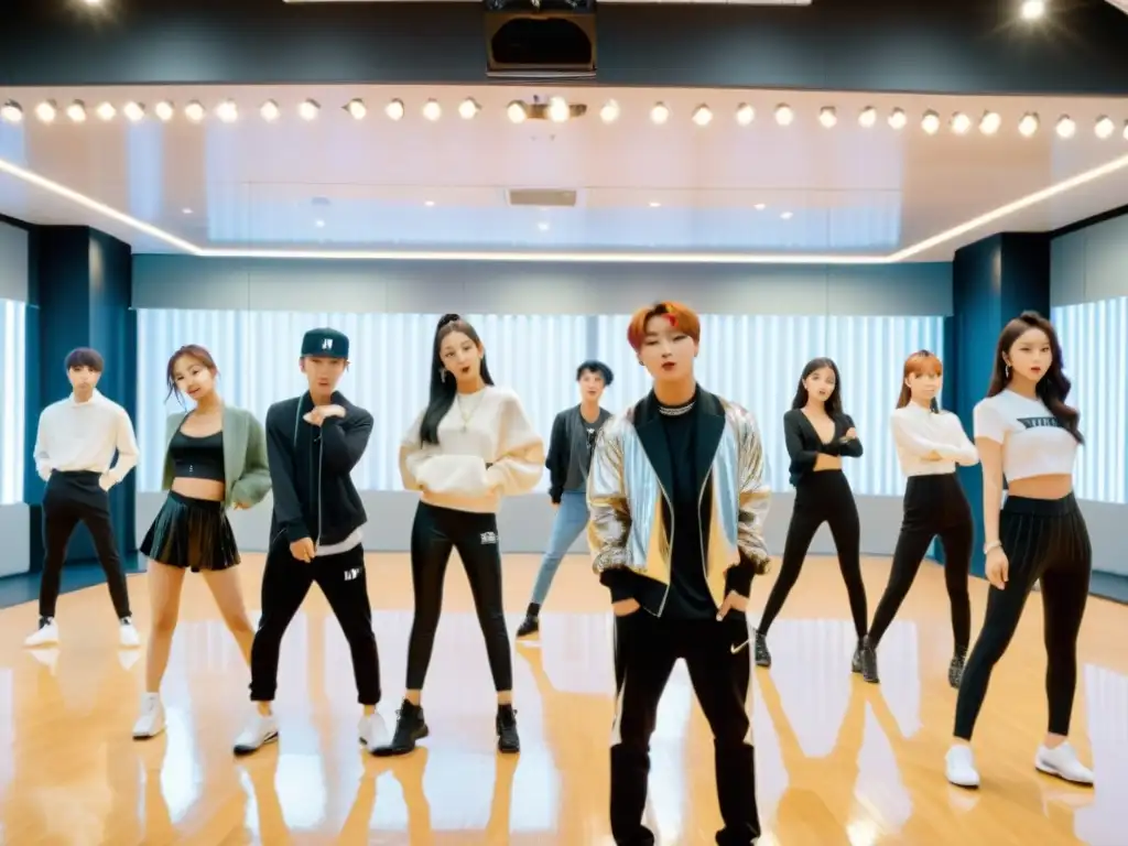 Grupo de idols Kpop ensaya coreografías en estudio, reflejos en espejos