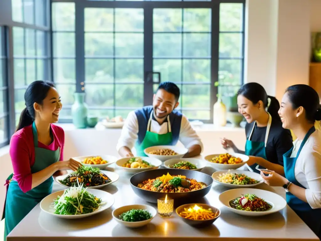 Grupo disfruta de delicias culinarias en curso exclusivo cocina vegetariana asiática