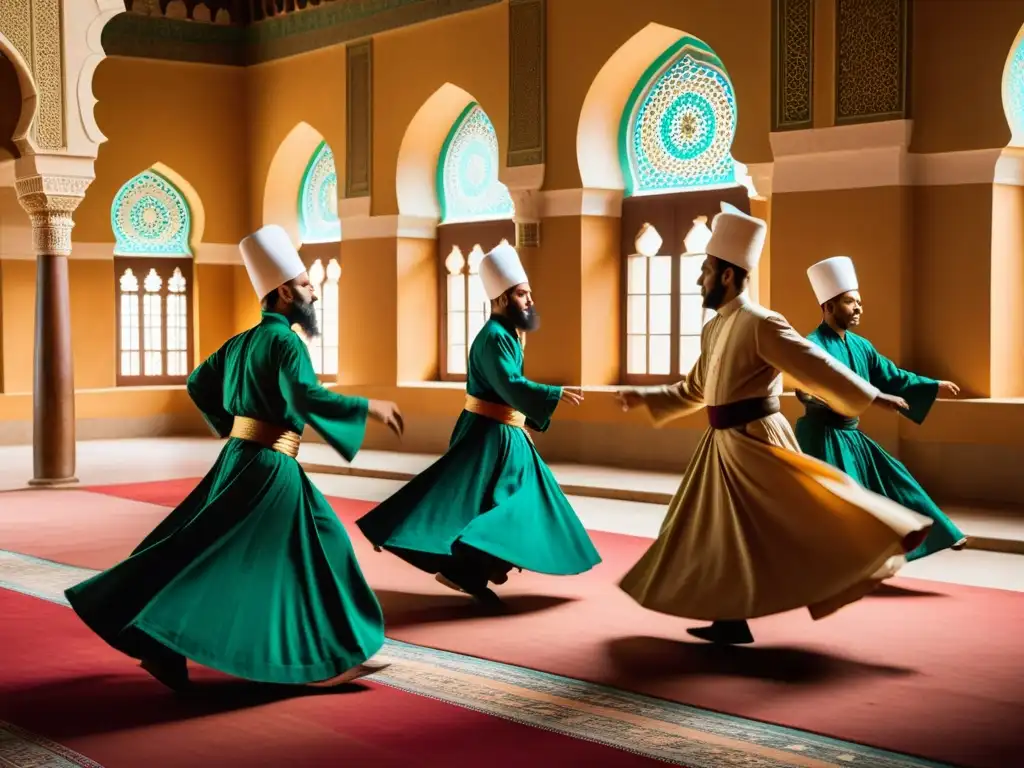 Danza giratoria de derviches sufíes en mezquita ancestral Un grupo de derviches sufíes gira en una danza espiritual hipnótica en una antigua mezquita
