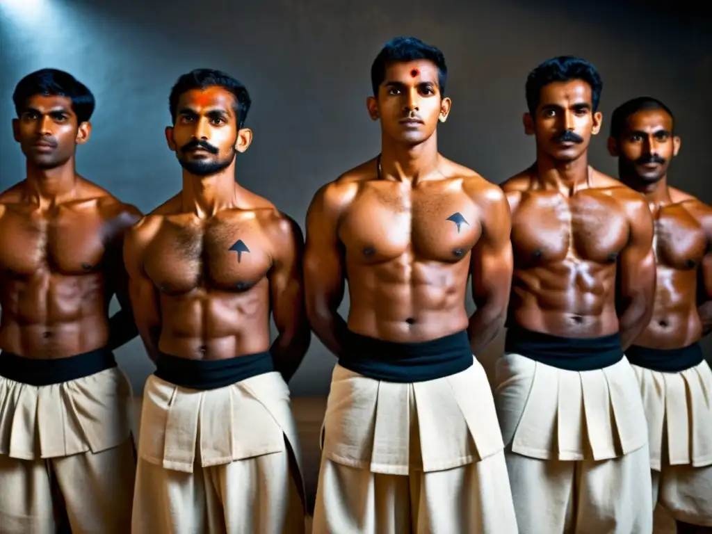 Un grupo de kalari gurukkal practicando Kalaripayattu, mostrando su destreza y tradición