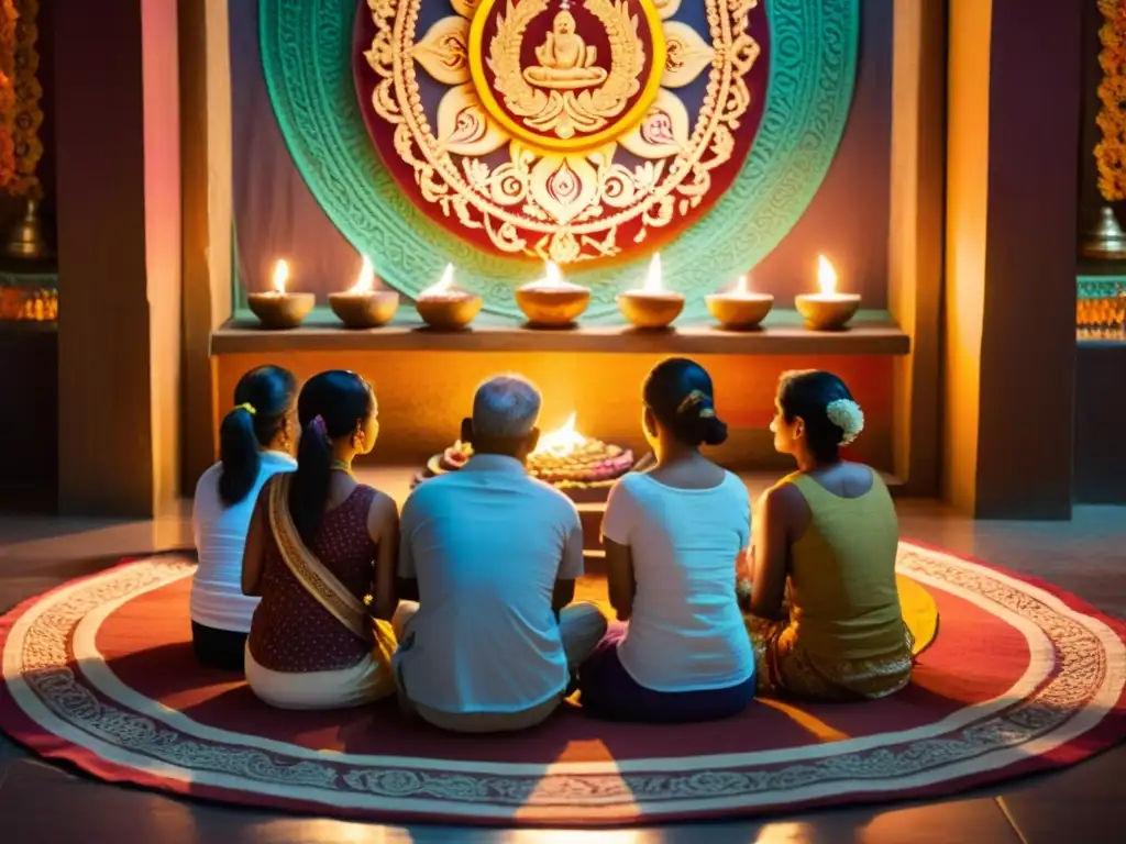 Un grupo en devoción en un templo hindú con carvings y tapices coloridos, practicando Bhakti Yoga en la tradición hindú