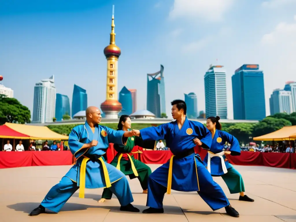 Un grupo de la diáspora vietnamita practica Vovinam en una ciudad bulliciosa, mostrando fuerza y disciplina