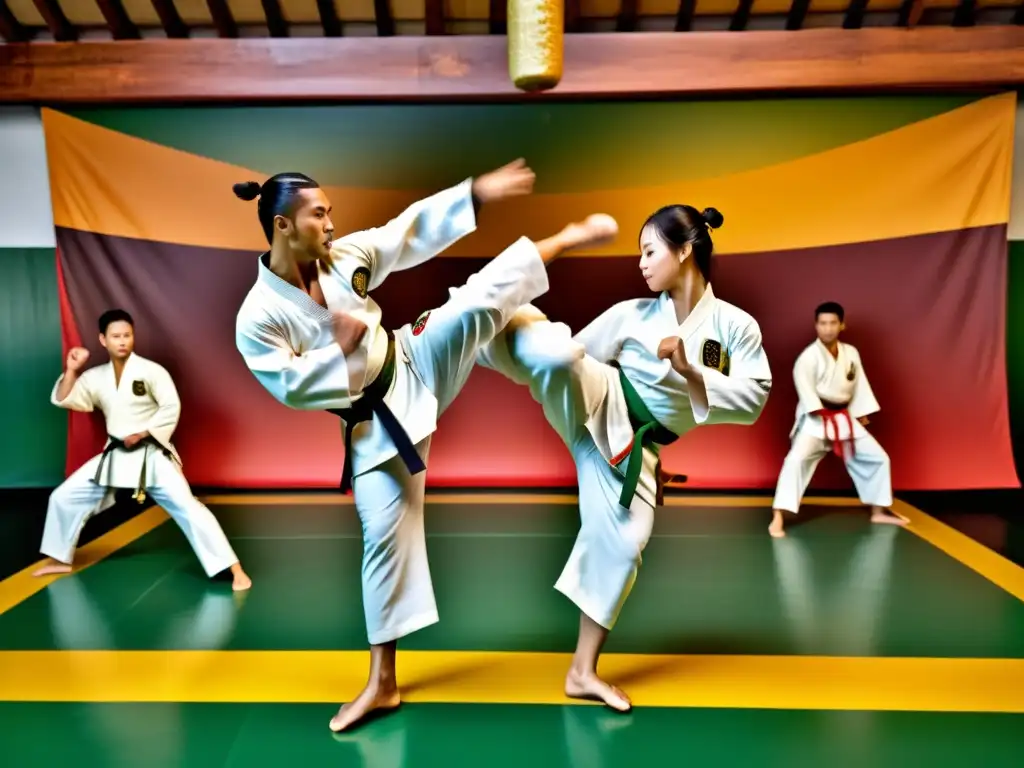 Grupo dinámico de artistas marciales practicando capoeira en un entorno asiático, destacando las adaptaciones culturales en artes marciales