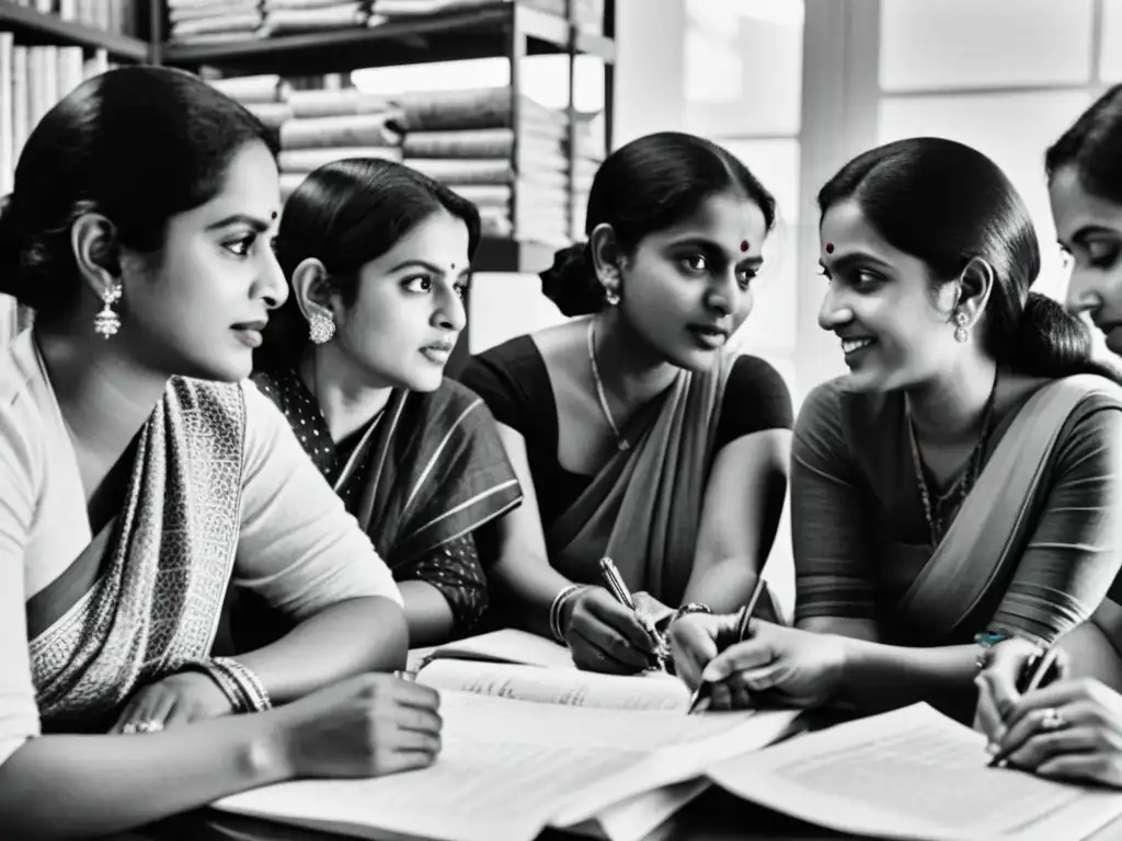 Un grupo de directoras y productoras de cine indio reunidas alrededor de una mesa, representando la diversidad de la moda india en blanco y negro