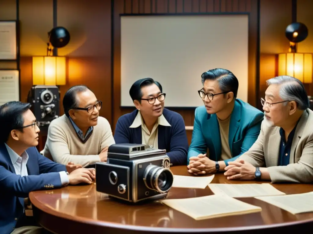 Grupo de directores pioneros del cine asiático en animada discusión alrededor de una mesa, rodeados de guiones, rollos de película y cámaras vintage