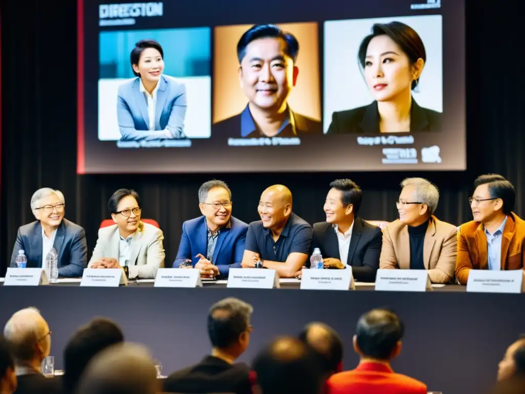 Grupo de directores de series asiáticas en apasionada conversación, mostrando su visión artística en un festival de cine