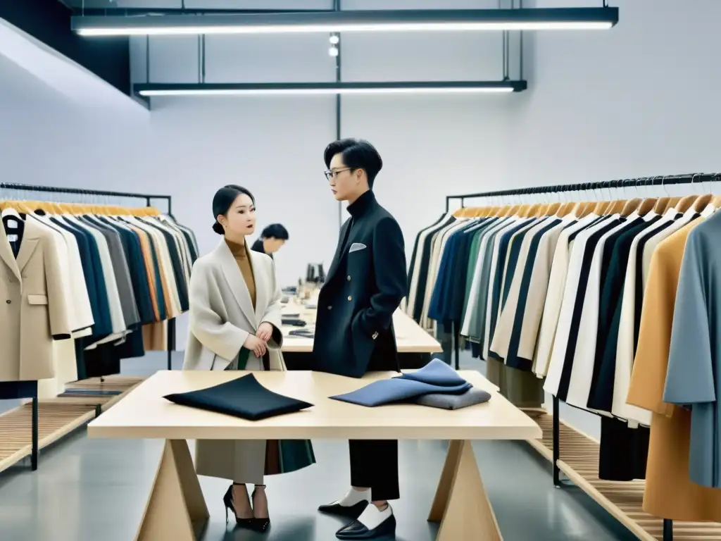 Un grupo de diseñadores de moda coreana innovadora crea prendas únicas en un estudio moderno y elegante, fusionando tradición e innovación