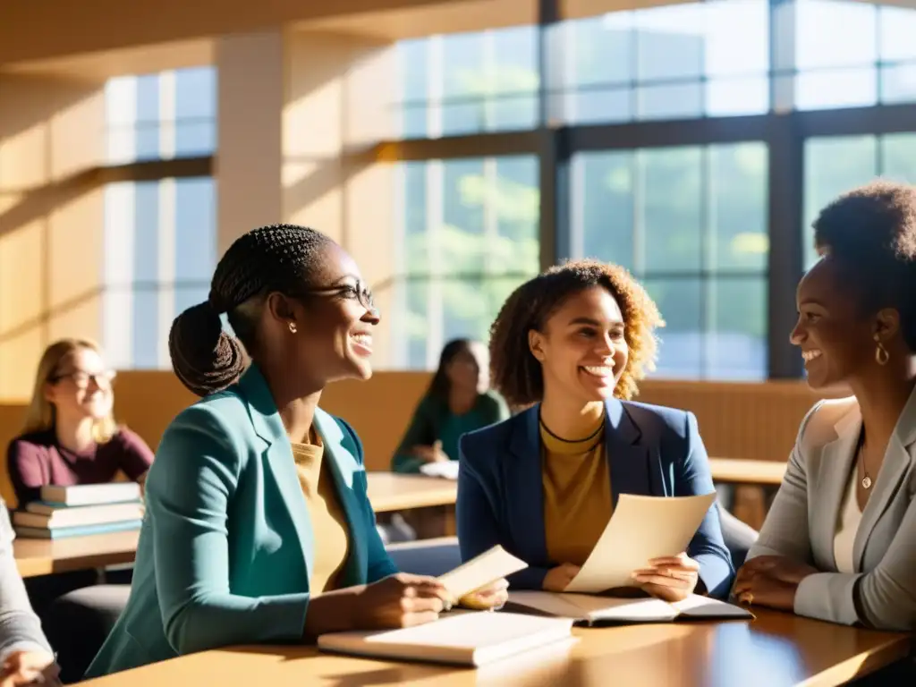 Un grupo diverso de académicas asiáticas comparten ideas y experiencias en una animada discusión en la universidad