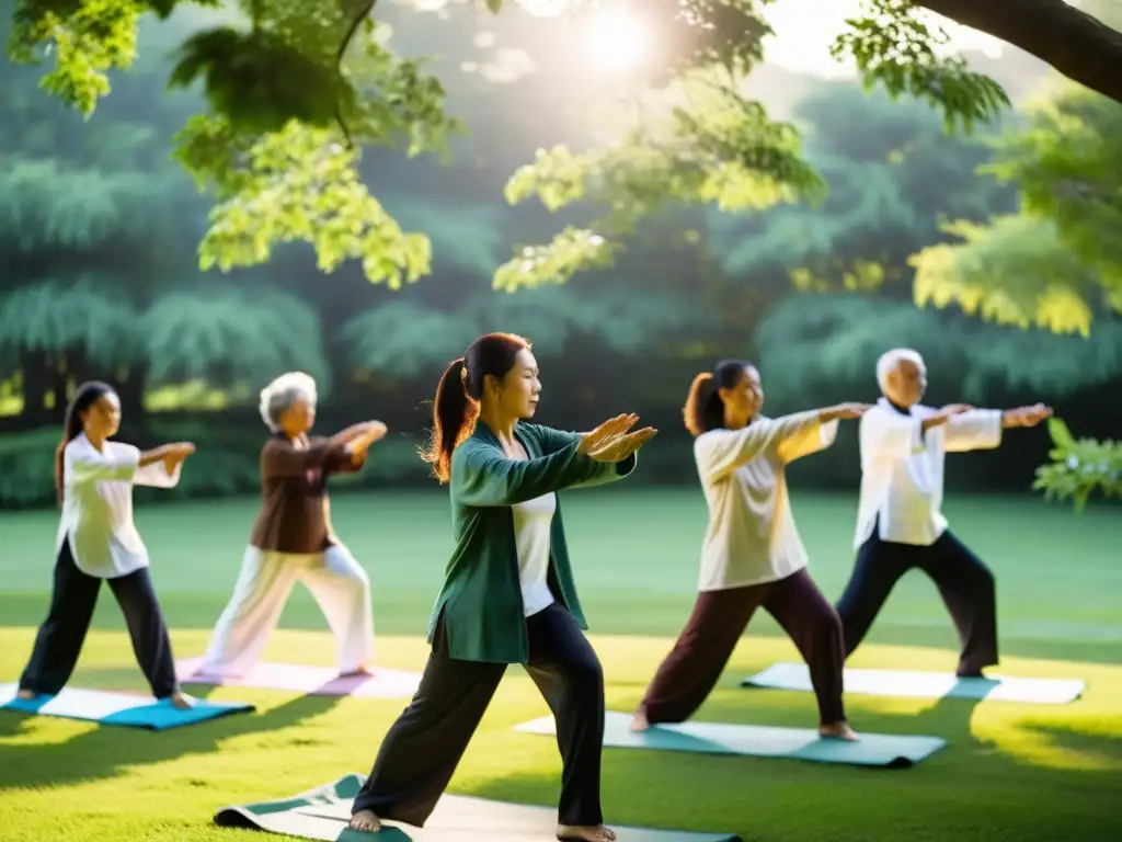 Grupo diverso practica Qi Gong y Tai Chi al aire libre, transmitiendo serenidad y beneficios de Qi Gong y Tai Chi
