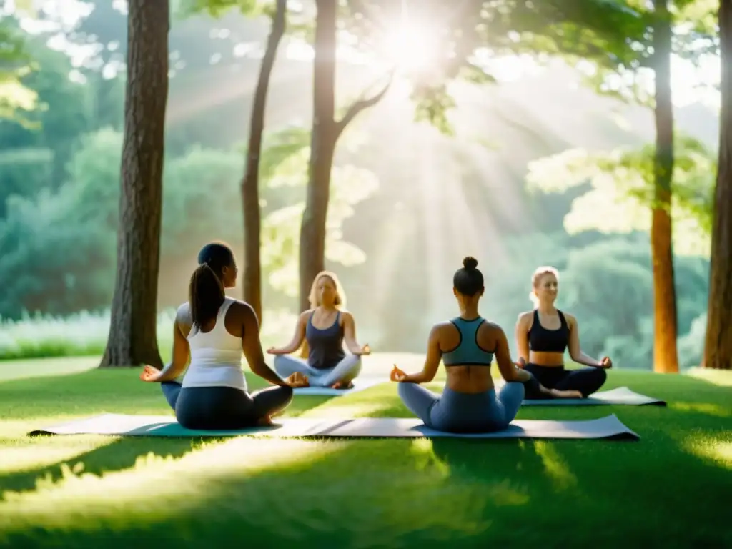 Un grupo diverso practica yoga al aire libre en un entorno natural sereno y verde, conectando con la naturaleza y la atención plena a través del yoga