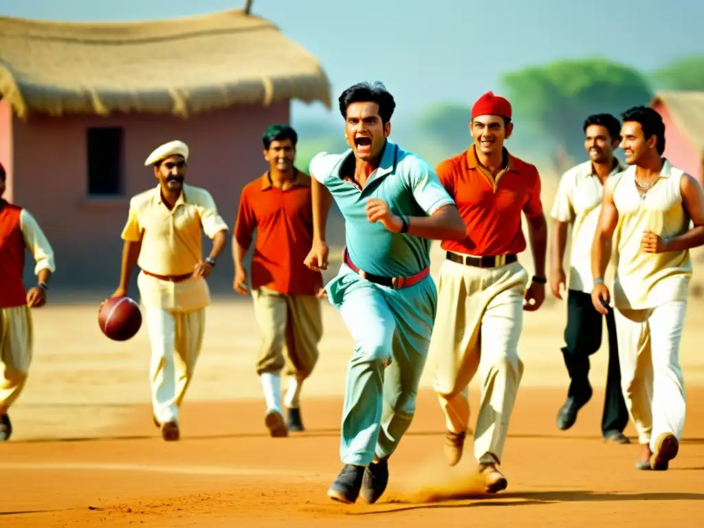 Grupo diverso de aldeanos juega cricket en Lagaan, reflejo social en películas indias