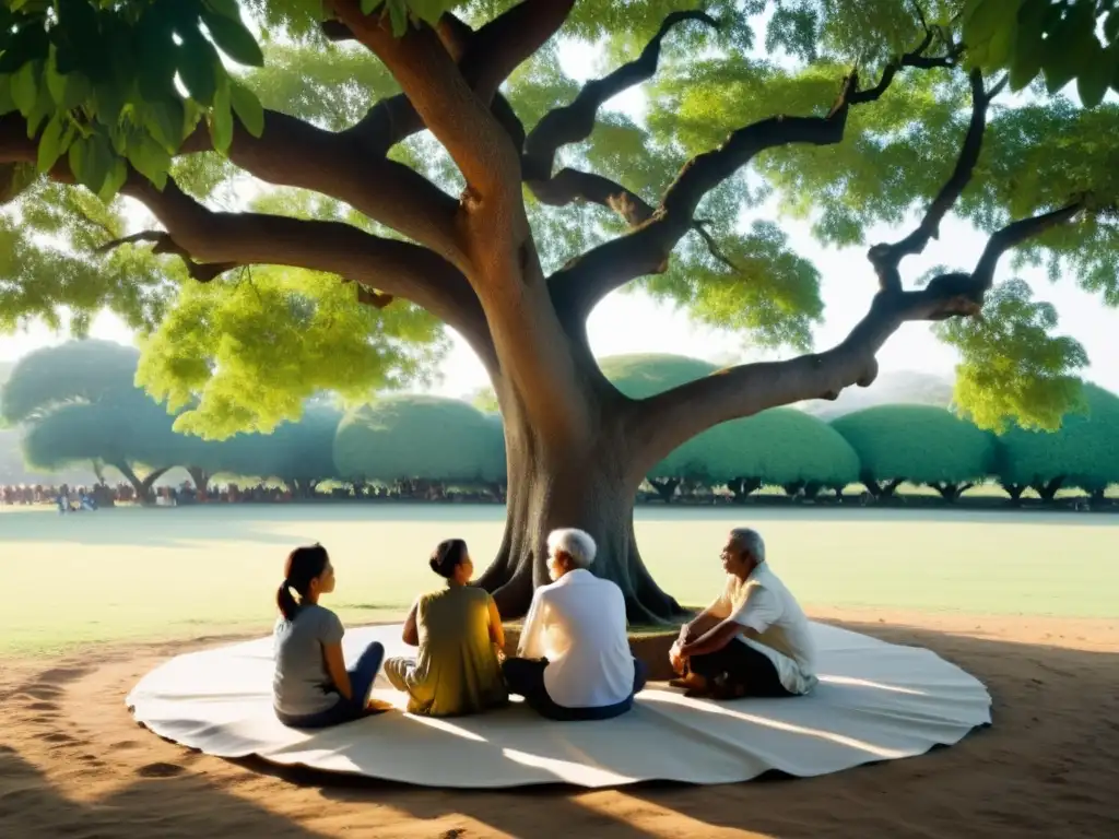 Grupo diverso bajo árbol Bodhi discute enseñanzas budistas para sociedad en transición en atmósfera contemplativa