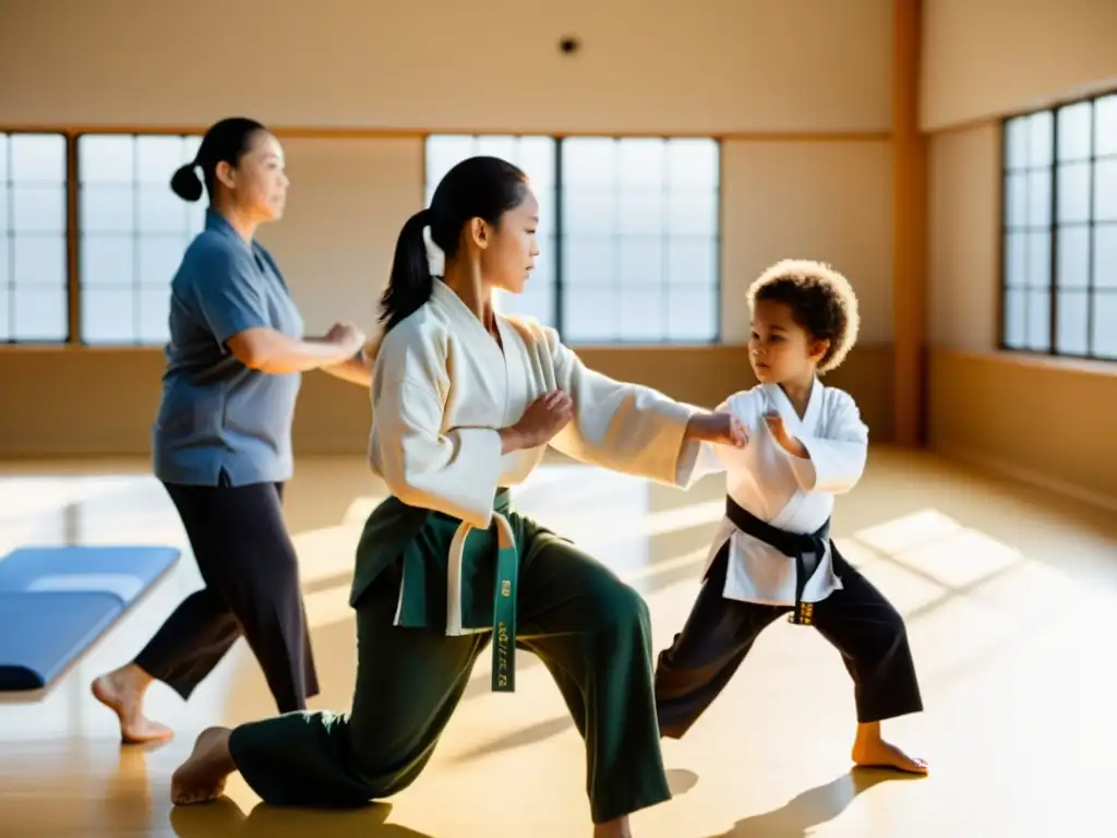 'Grupo diverso practica artes marciales con apoyo y determinación, mostrando los beneficios de las artes marciales en rehabilitación'