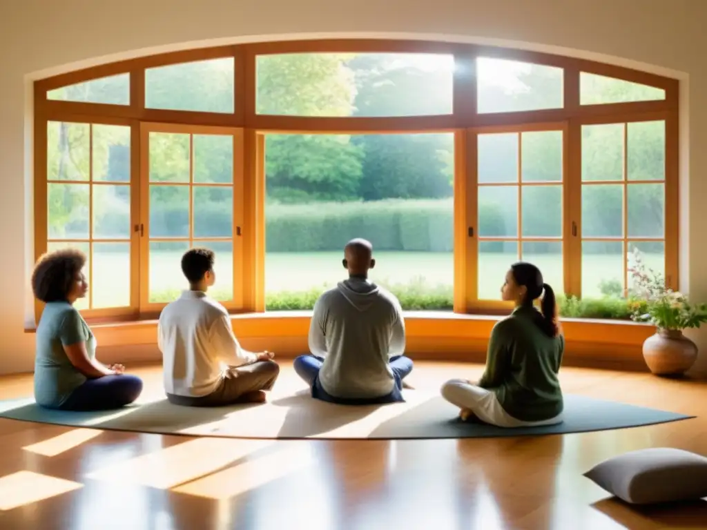 Un grupo diverso disfruta de los beneficios de la meditación en enfermedades en un tranquilo jardín iluminado por el sol