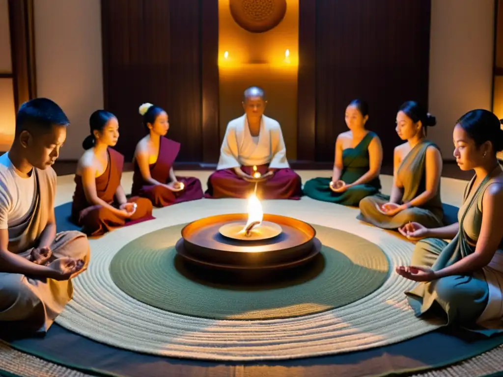 Grupo diverso en meditación budista, reflejando serenidad y espiritualidad