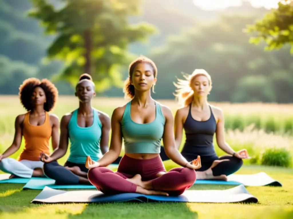 Un grupo diverso practica yoga en un campo soleado y exuberante, transmitiendo calma y serenidad