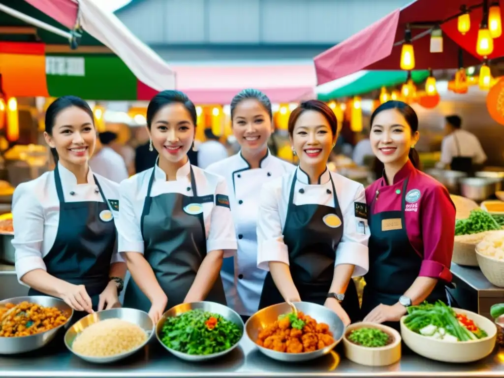 Grupo diverso de chefs celebridades mujeres en vibrante mercado asiático, representando su influencia en la culinaria asiática