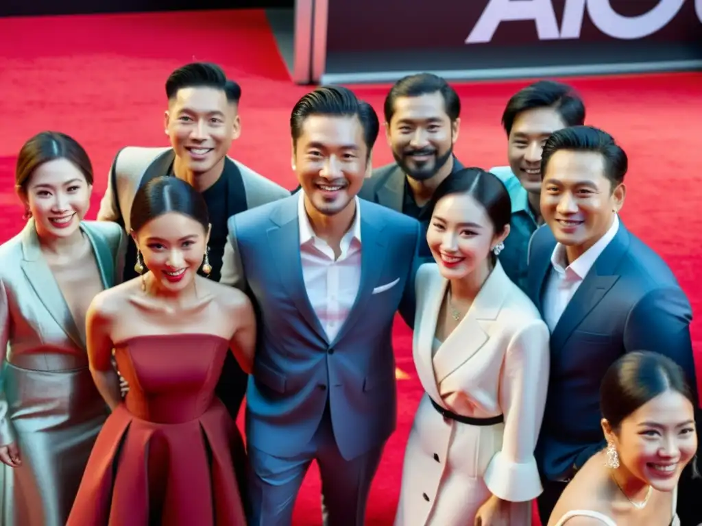 Un grupo diverso de cineastas y actores asiáticos se reúnen en la alfombra roja, en medio de la animada multitud de prensa y fans internacionales