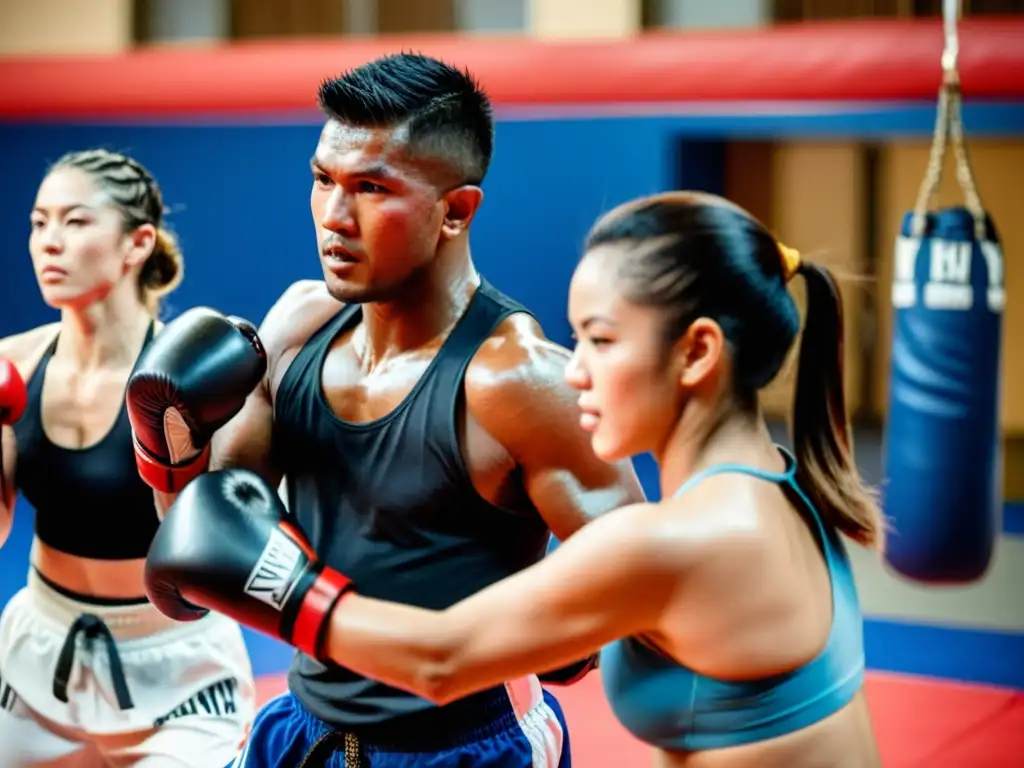 Un grupo diverso participa en una clase de Muay Thai para fitness