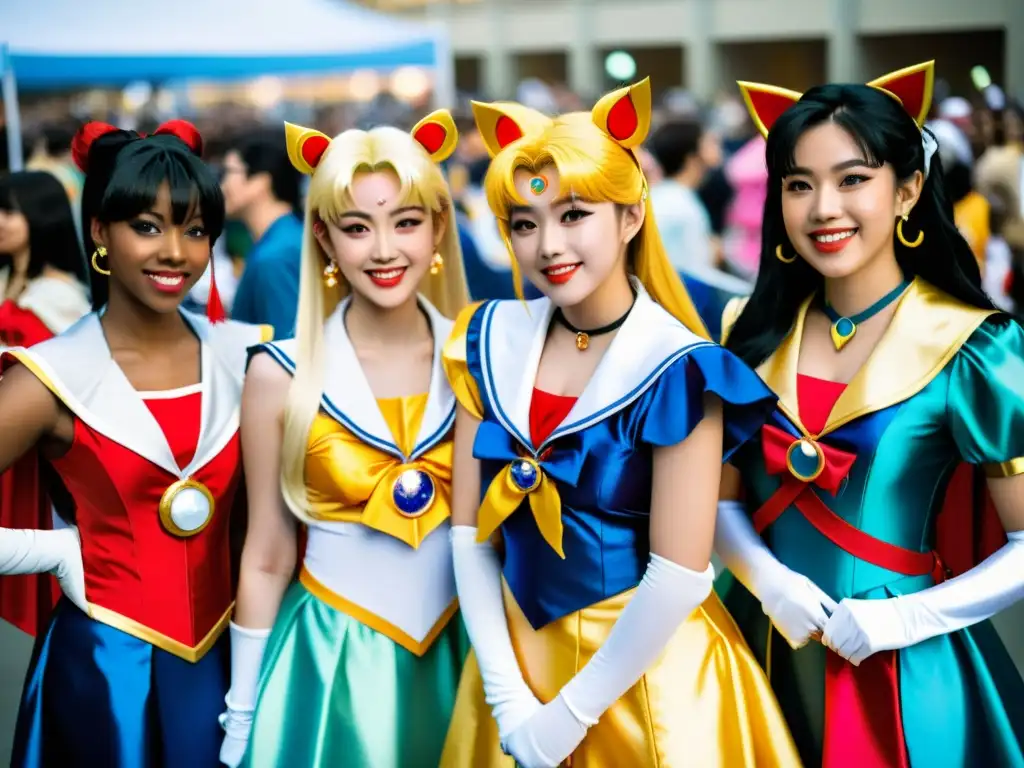 Grupo diverso en convención de cómics, con elaborados y coloridos disfraces inspirados en Sailor Moon, mostrando la influencia cultural de Sailor Moon