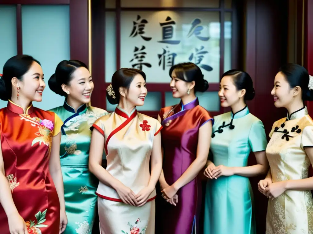 Grupo diverso admira detallados Cheongsam, símbolo de moda china occidental