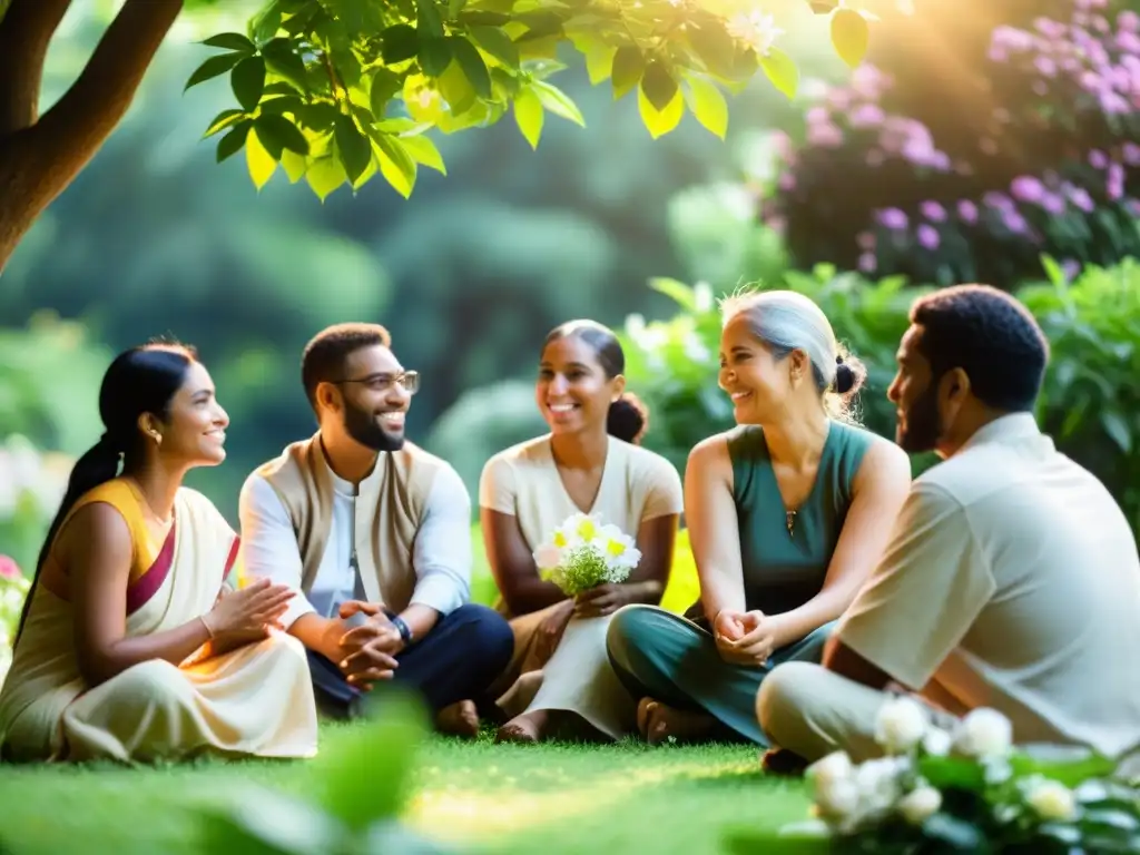 Grupo diverso en diálogo interreligioso, rodeado de naturaleza exuberante, transmitiendo armonía y respeto