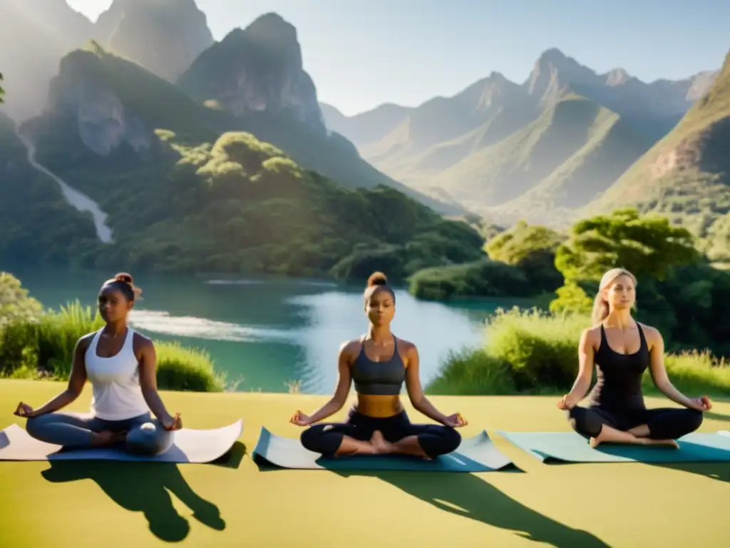 Un grupo diverso practica yoga al amanecer en un entorno natural sereno, con expresiones serenas