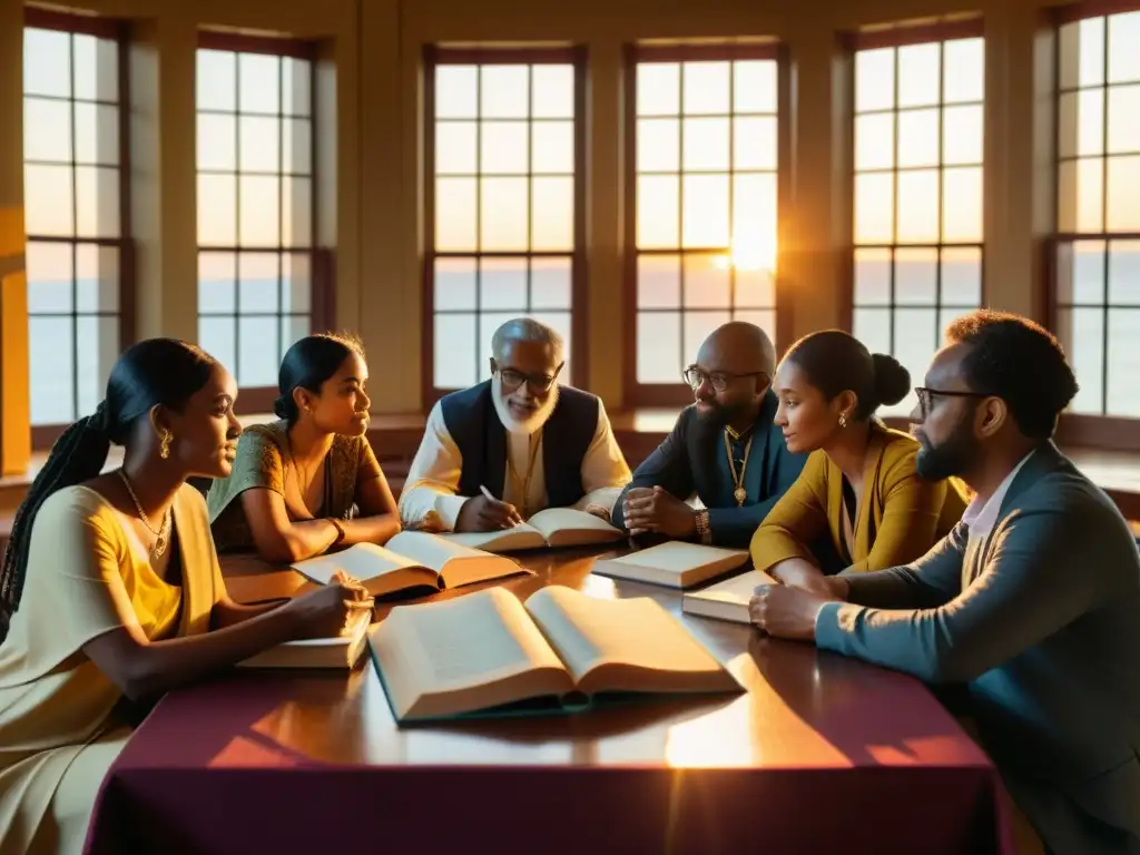 Grupo diverso de escritores indoanglicanos reunidos en animada discusión, rodeados de libros y manuscritos, bañados por la cálida luz del atardecer