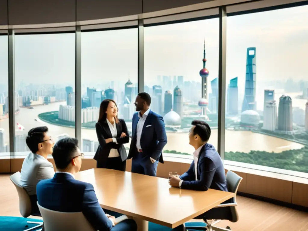 Un grupo diverso de estudiantes de MBA participa en una animada discusión en un aula moderna con vista a la bulliciosa ciudad de Shanghai