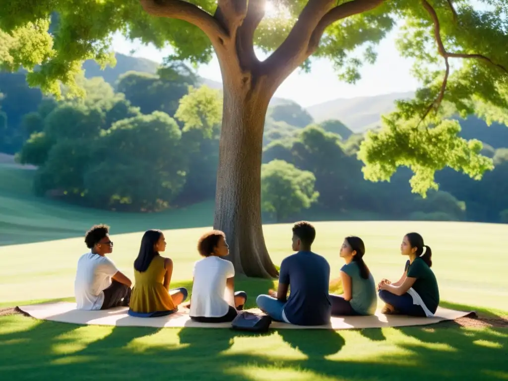 Grupo diverso de estudiantes bajo un árbol, inmersos en debate filosófico, en un entorno idílico