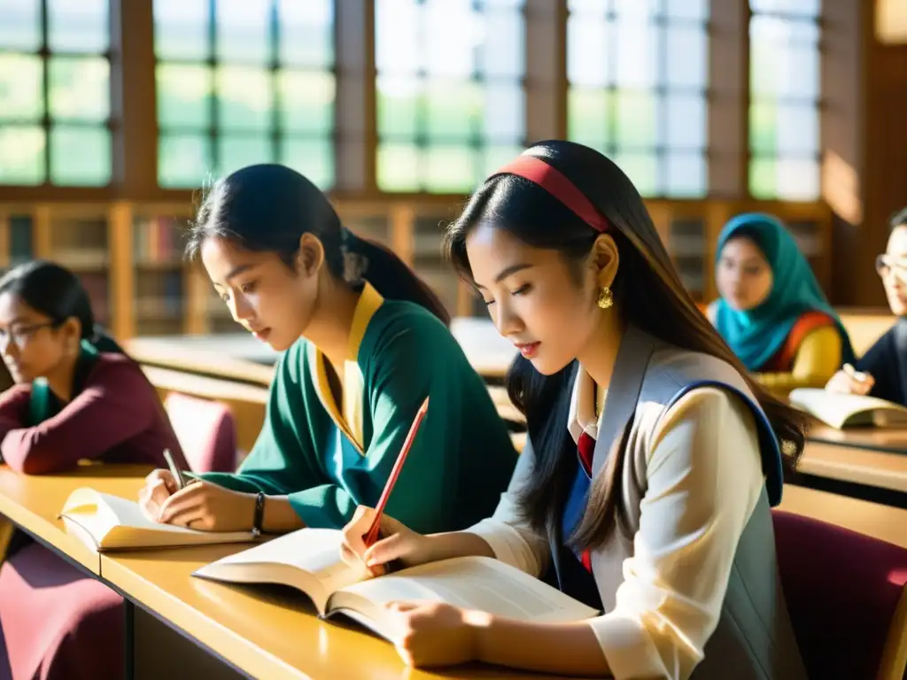 Grupo diverso de estudiantes asiáticas colaborando en la biblioteca universitaria, reflejando la experiencia mujer educación superior asiática