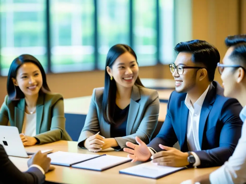 Grupo diverso de estudiantes de MBA asiático colaborando en un aula moderna y soleada, reflejando un ambiente de emprendimiento e innovación