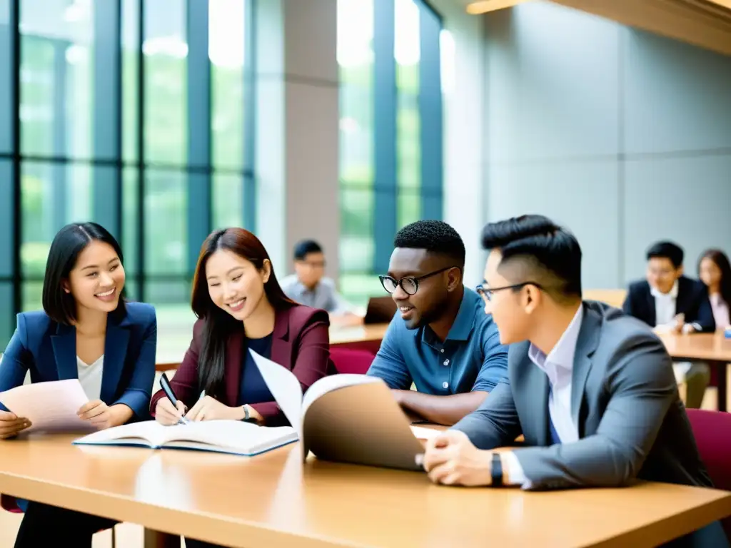 Grupo diverso de estudiantes de MBA asiático superando desafíos en sesión de estudio colaborativo en moderno campus universitario