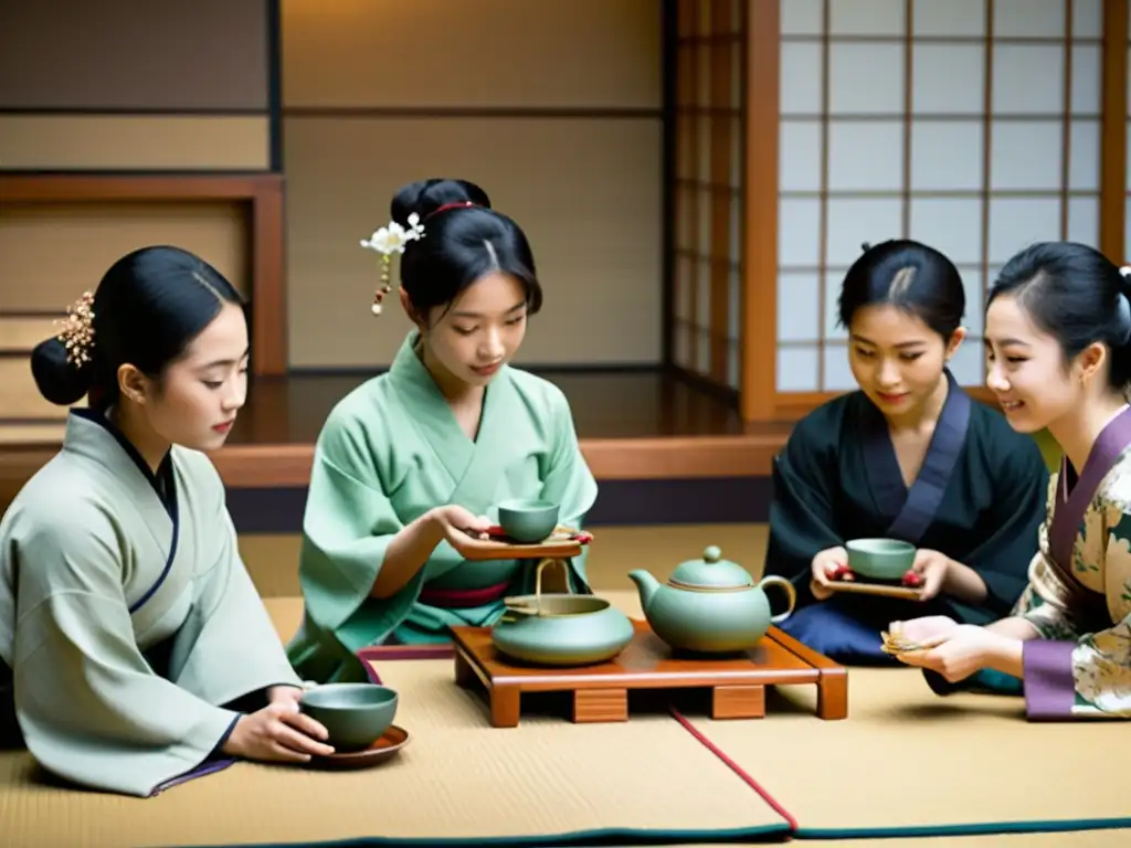 Un grupo diverso de estudiantes asiáticos participa en un programa de intercambio universitario, disfrutando de una ceremonia de té japonesa