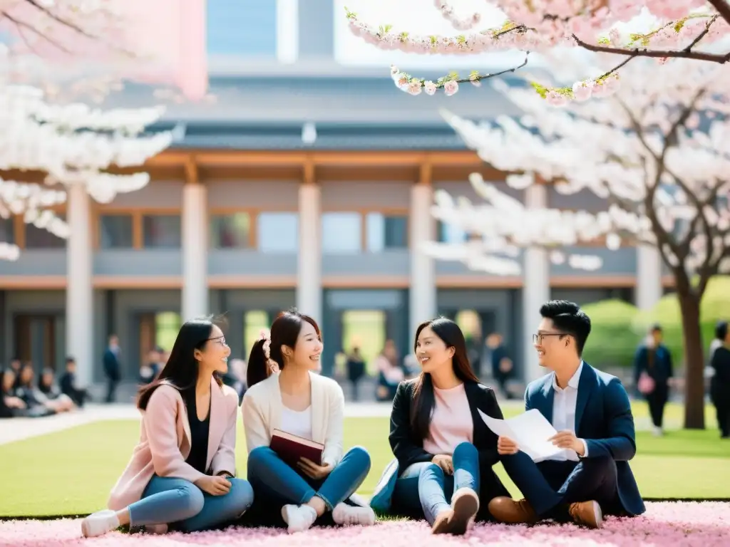 Un grupo diverso de estudiantes asiáticos comparte experiencias bajo los cerezos en flor de una universidad, fusionando tradición e innovación