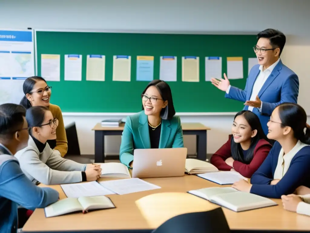 Un grupo diverso de estudiantes asiáticos estudia en un aula moderna y bien iluminada, participando en una animada discusión con su profesora