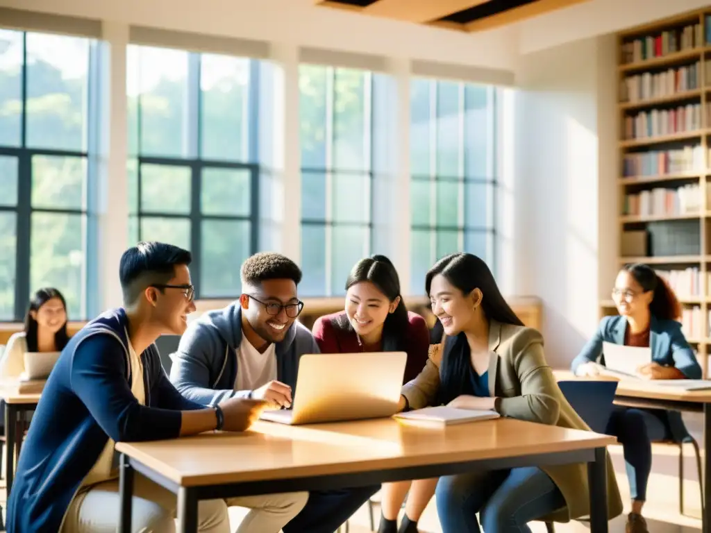 Grupo diverso de estudiantes asiáticos colaborando en aula universitaria moderna, buscando conseguir becas educativas en Asia