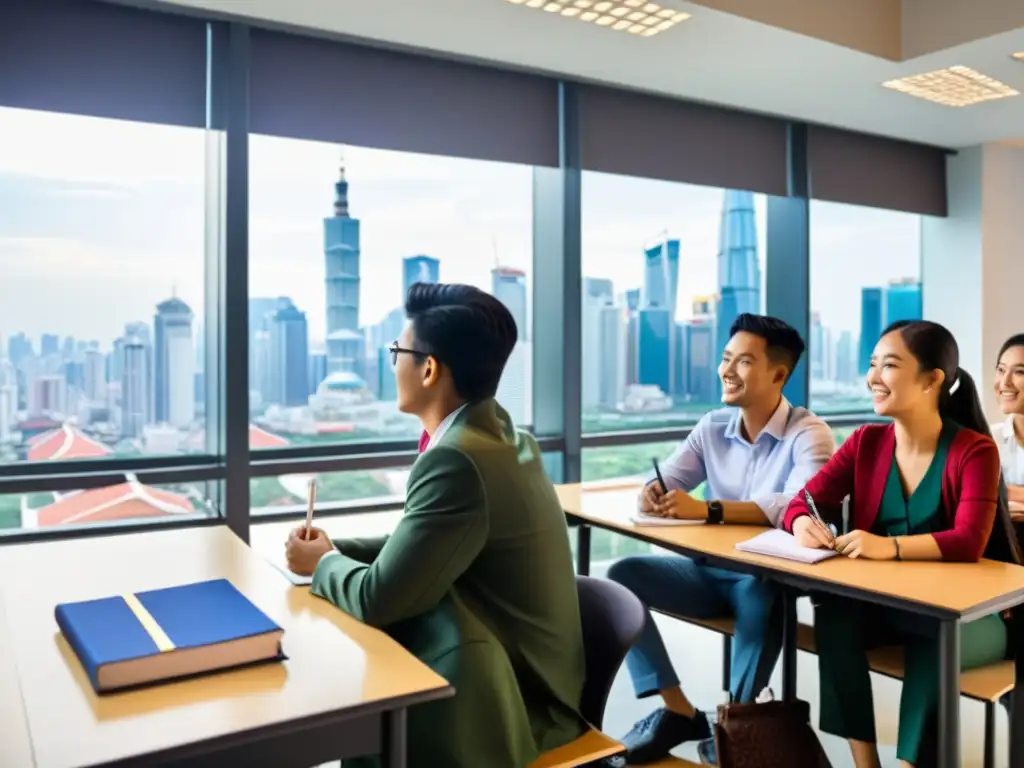 Grupo diverso de estudiantes colaborando y discutiendo en un aula moderna en Asia, reflejando las diferencias culturales asiáticas