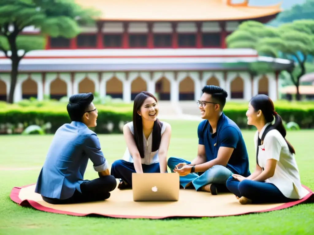 Grupo diverso de estudiantes debatiendo animadamente en un campus universitario al aire libre en Asia, reflejando el intercambio cultural vibrante